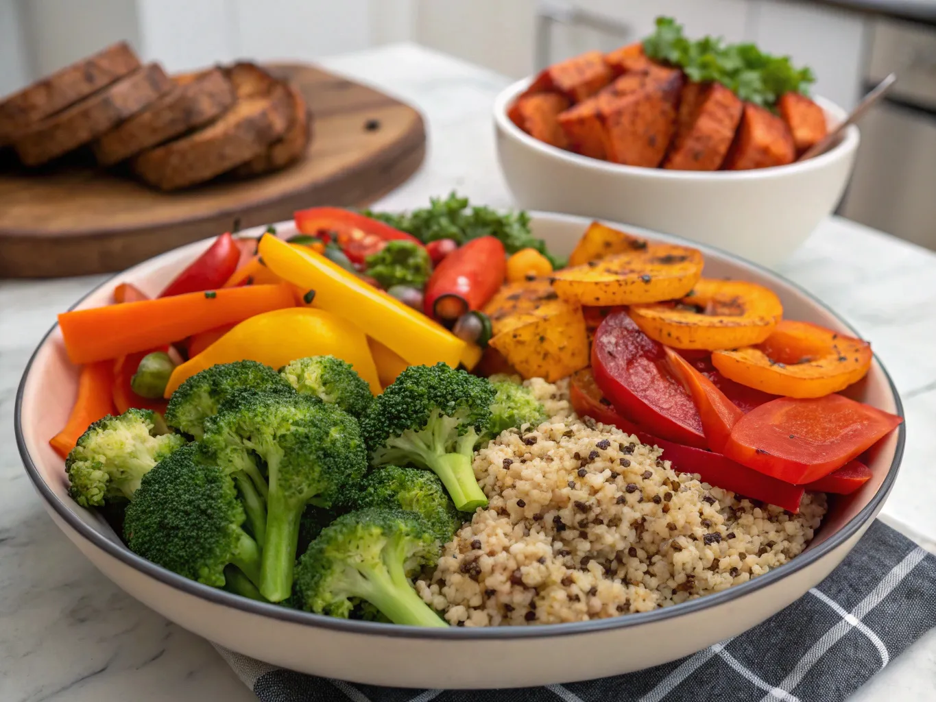 Farverig vegansk måltidssamling med friske grøntsager og kornprodukter